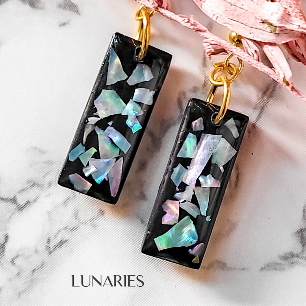 Abalone Shell Resin Earrings, Black & Gold Hypoallergenic Hooks, Ocean Jewelry